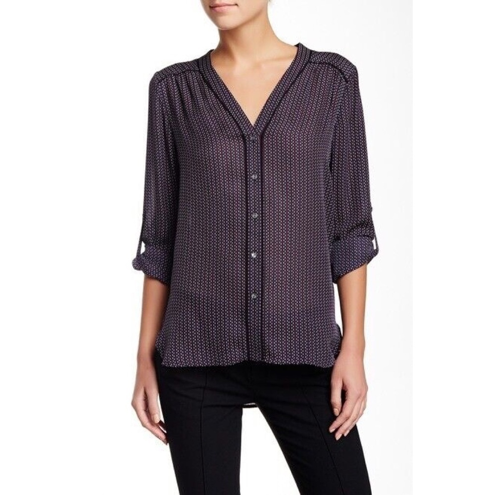 VINCE Mini-Geo Print Silk Blouse Top Mini Geo Geometric‎ Print V Neck X-Small